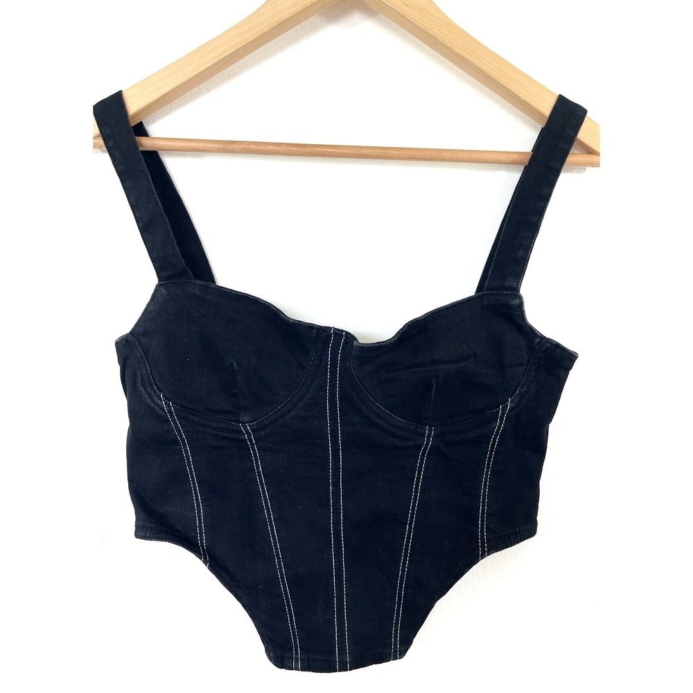 Zara Womens Edgy Babydoll Denim Corset Top M‎ Black Dark Grunge Baddie Y2K Style